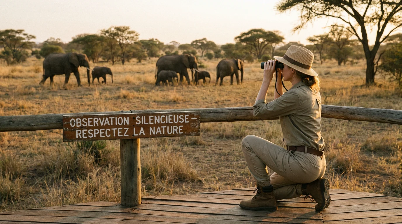 Voyageur observant des éléphants dans la savane africaine lors d'un safari éthique