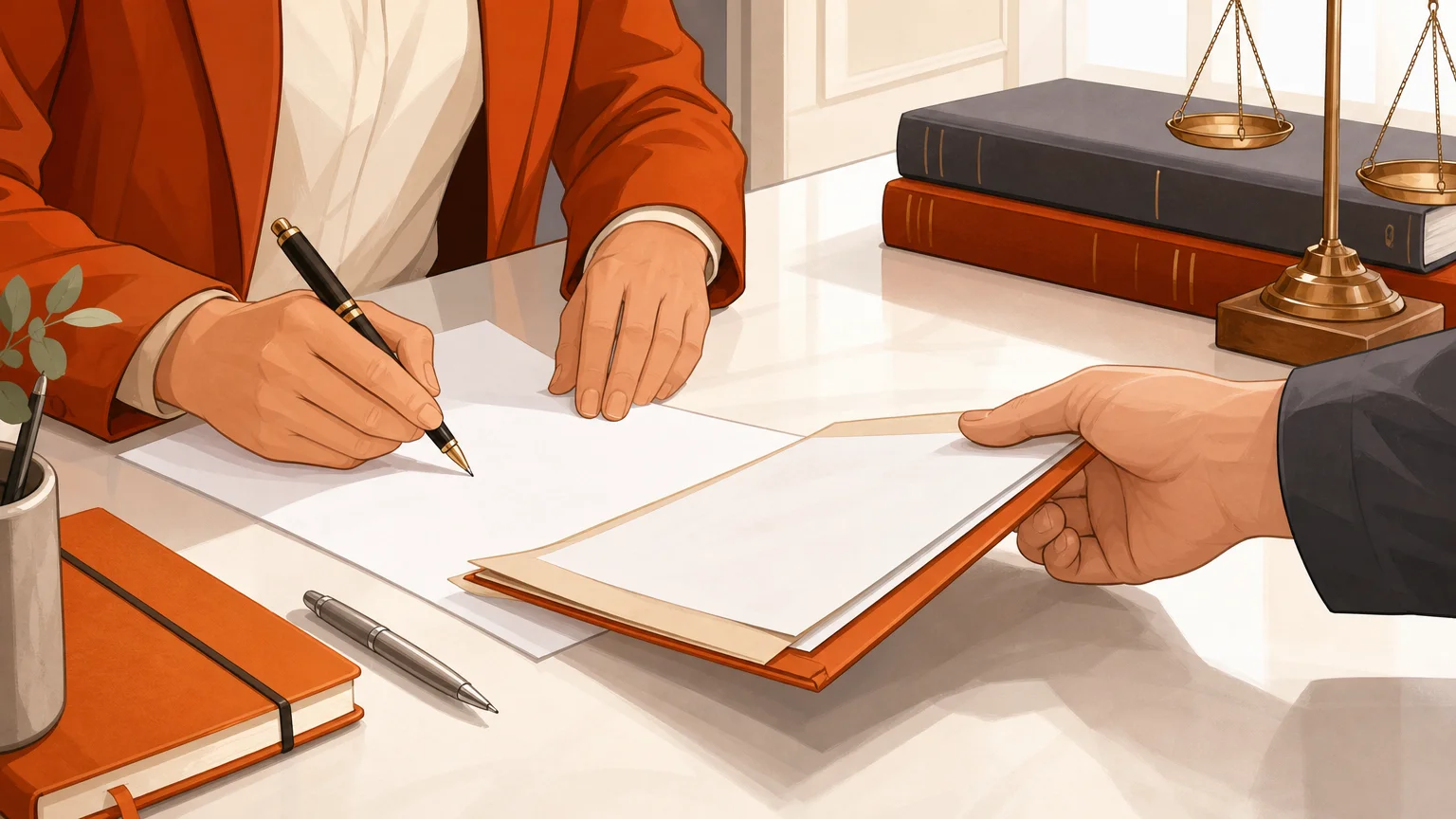 Mains non identifiables signant des documents juridiques sur un bureau clair.