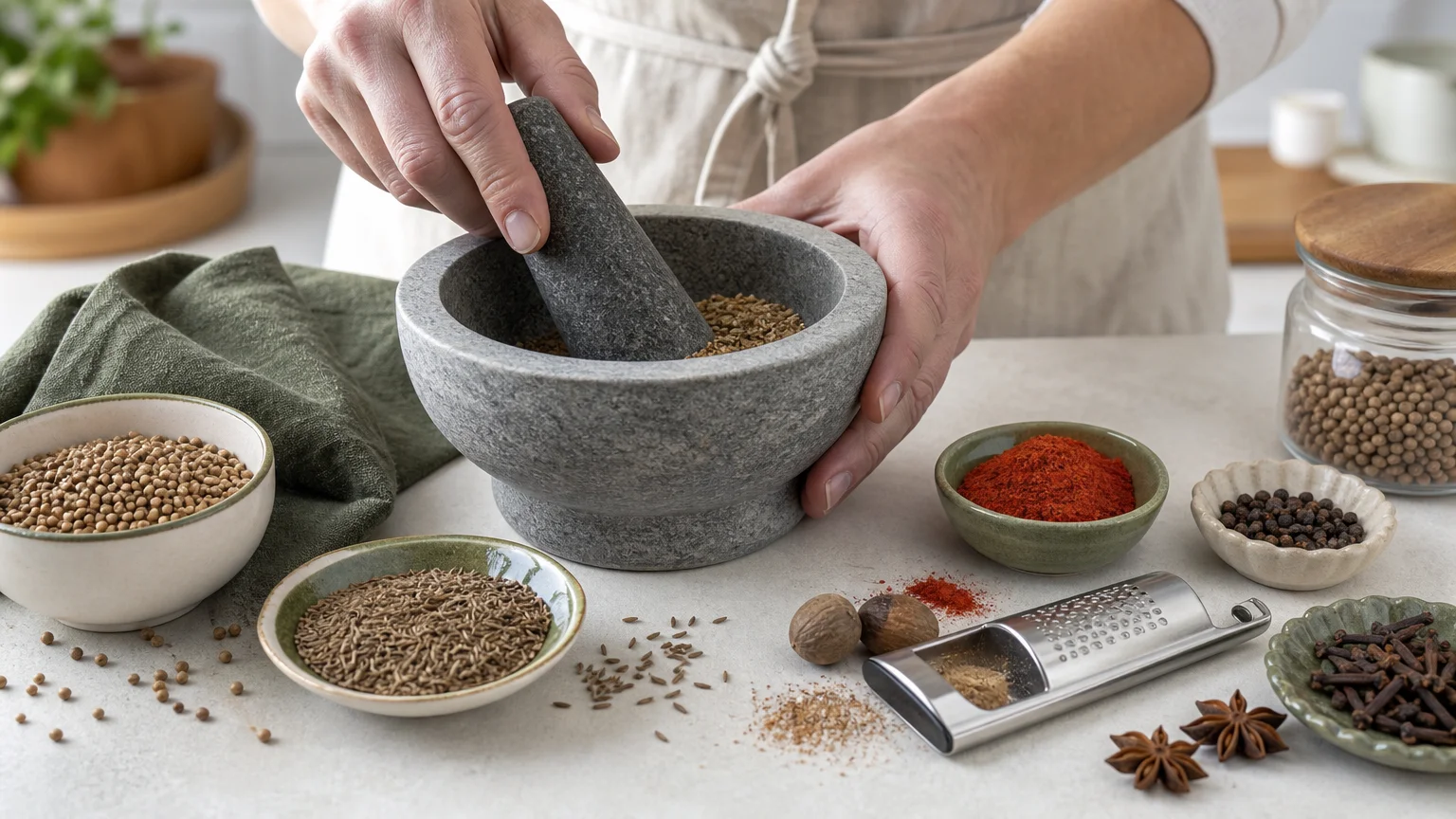 Préparation d’épices entières au mortier dans une cuisine