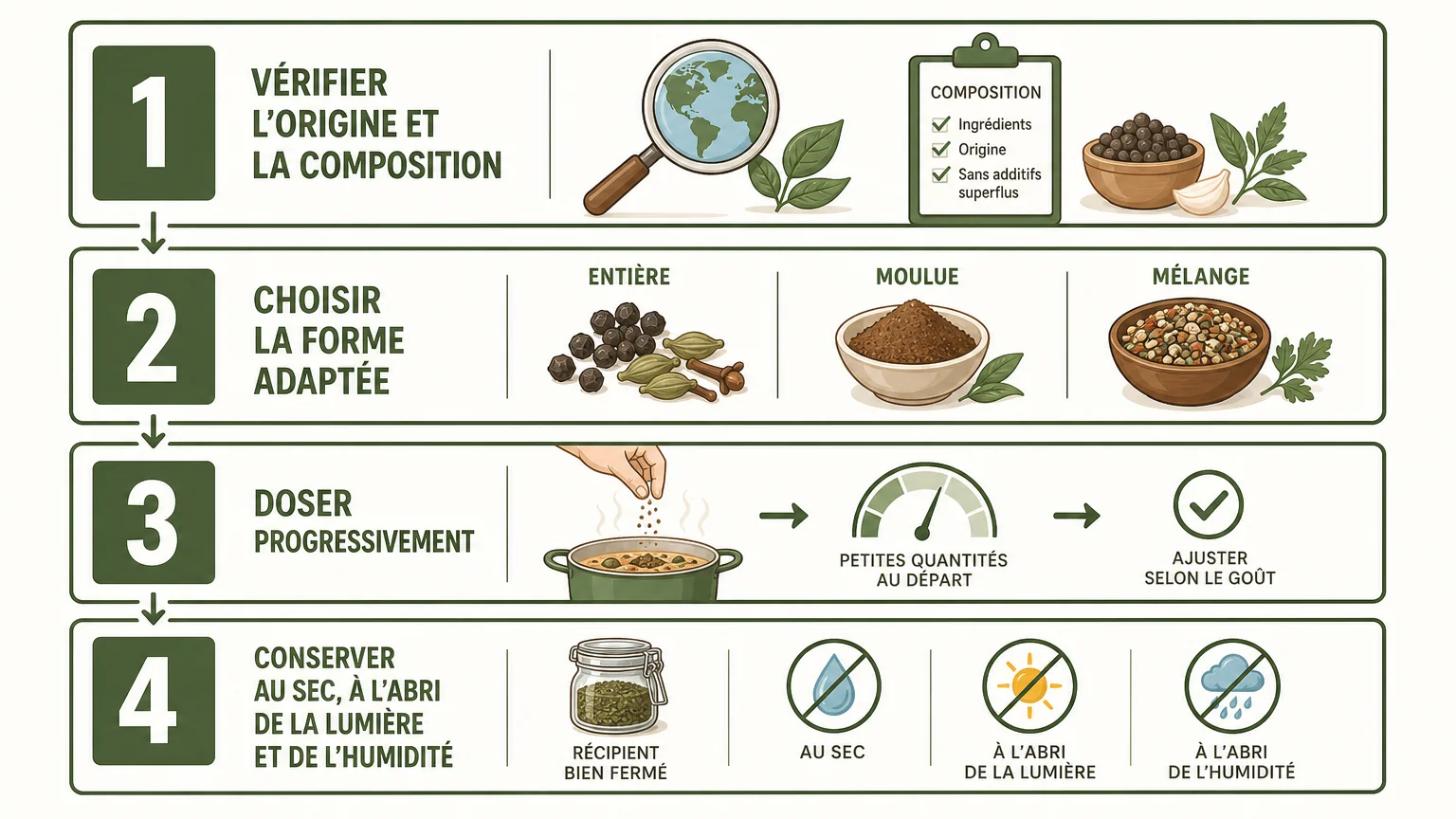 Infographie en quatre étapes pour choisir et conserver les épices