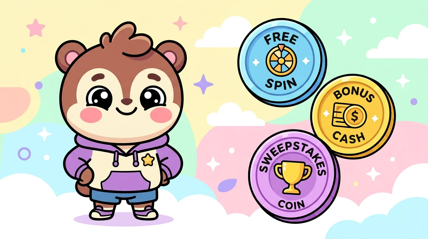 Chibi mascot presenting three types of no deposit casino bonus tokens