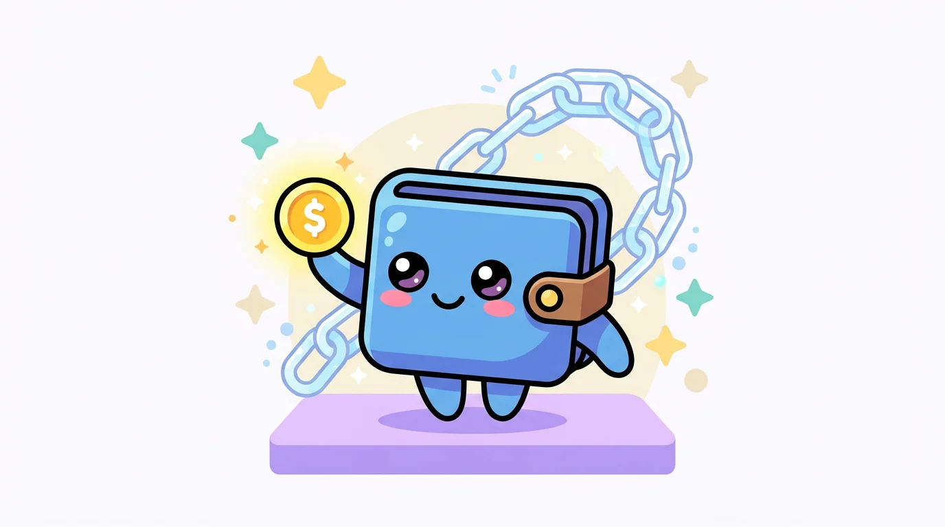 Chibi crypto wallet mascot holding a coin with a blockchain motif