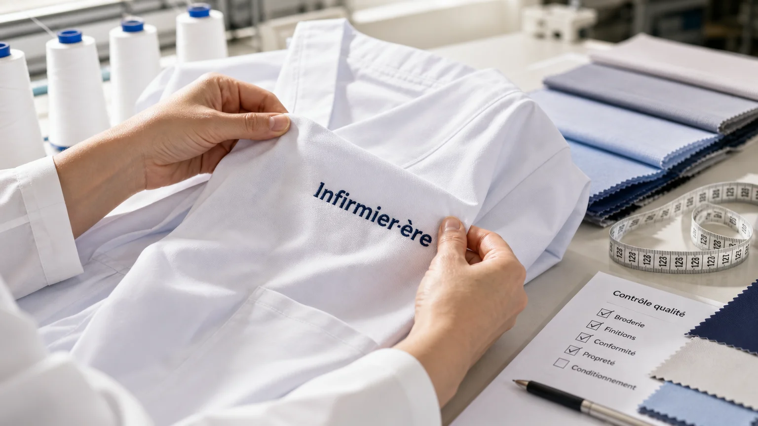 Contrôle d’une broderie sur une blouse médicale personnalisée