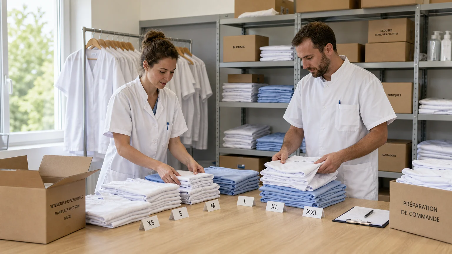 Préparation et distribution de blouses médicales pour une équipe