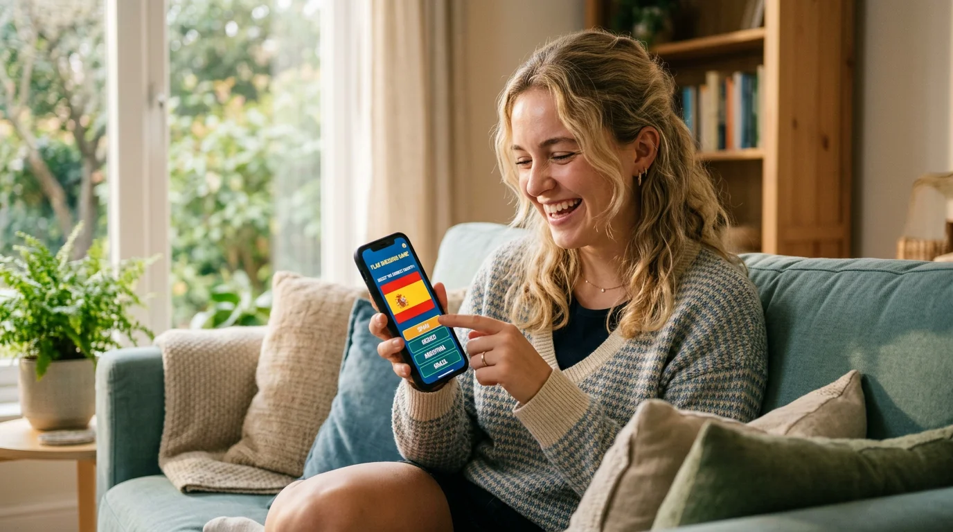 Person happily playing a flag guessing game on a phone