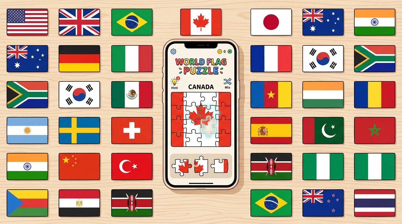 Grid of world flags around a phone showing a flag puzzle