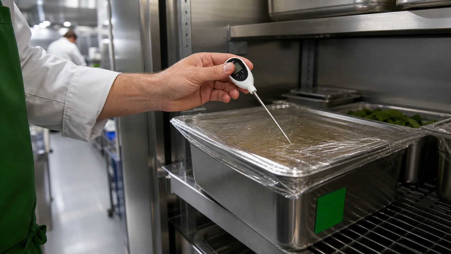 Un membre de brigade vérifie la température d’un bac de préparation dans une cuisine professionnelle.