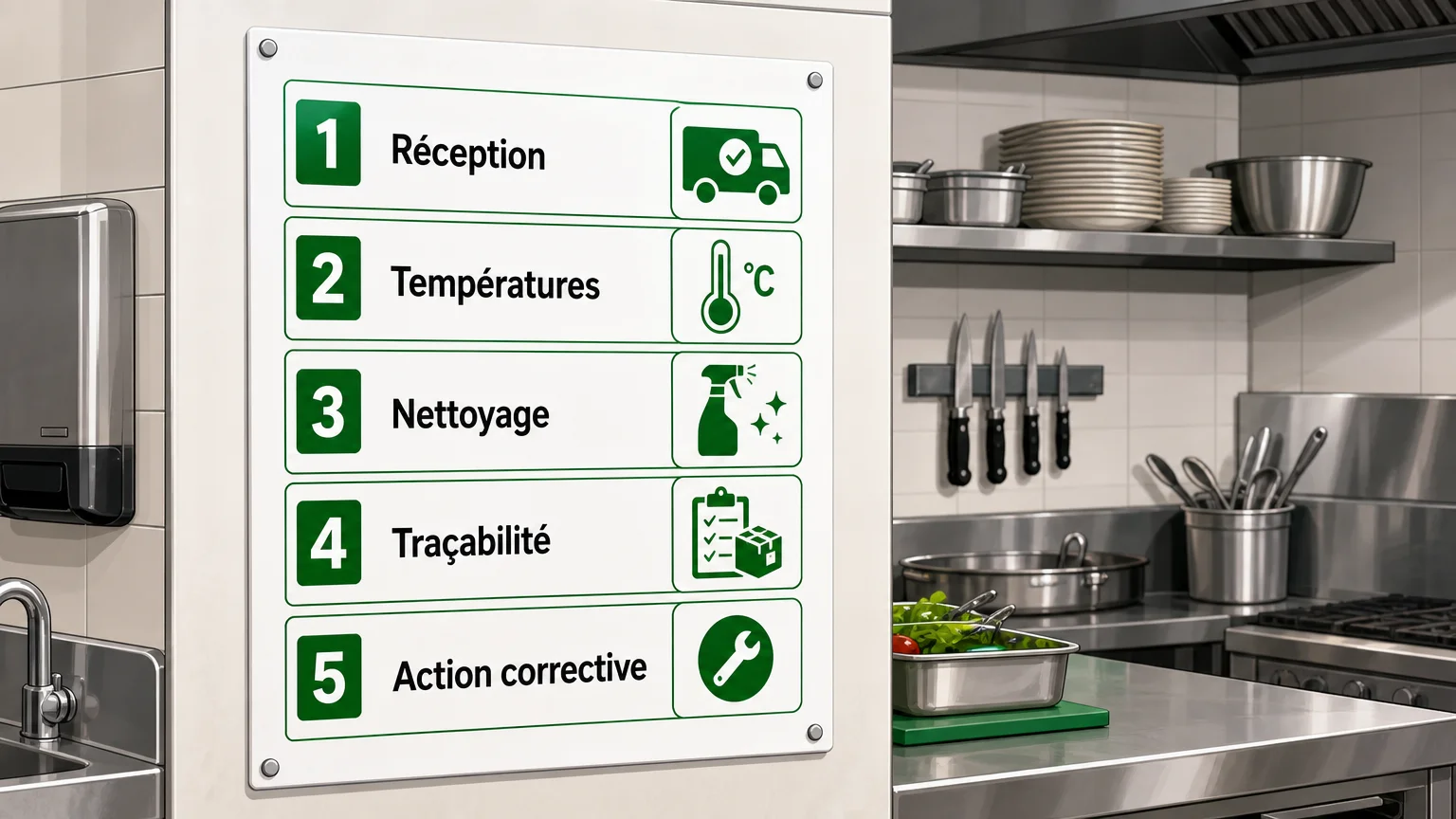 Une fiche de cuisine présente cinq étapes de suivi sanitaire, de la réception à l’action corrective.