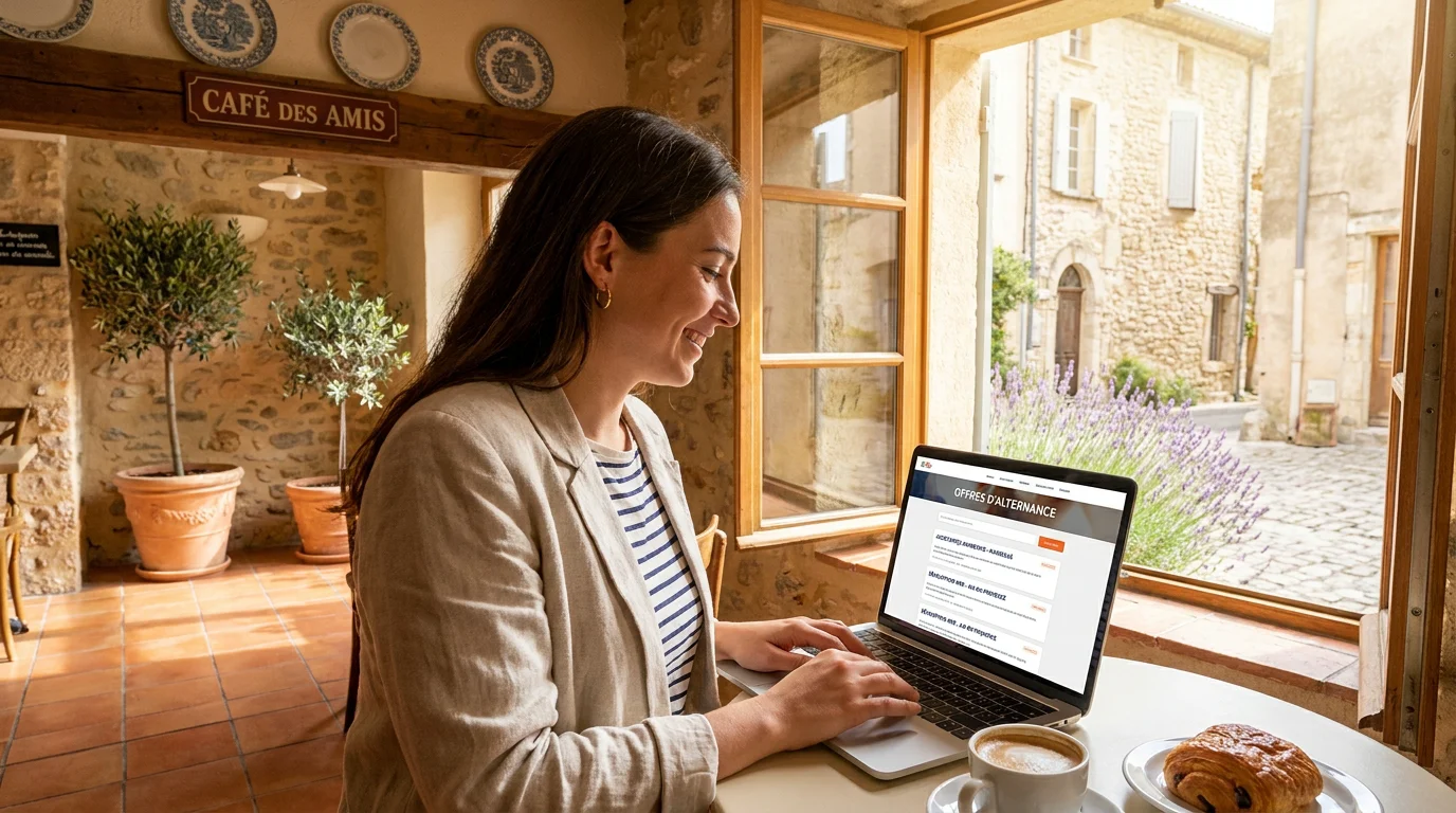Étudiante recherchant des offres d'alternance à Marseille sur son ordinateur dans un café provençal