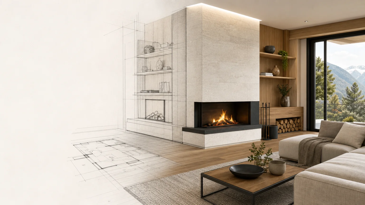 Projet 3D d’un intérieur avec cheminée contemporaine