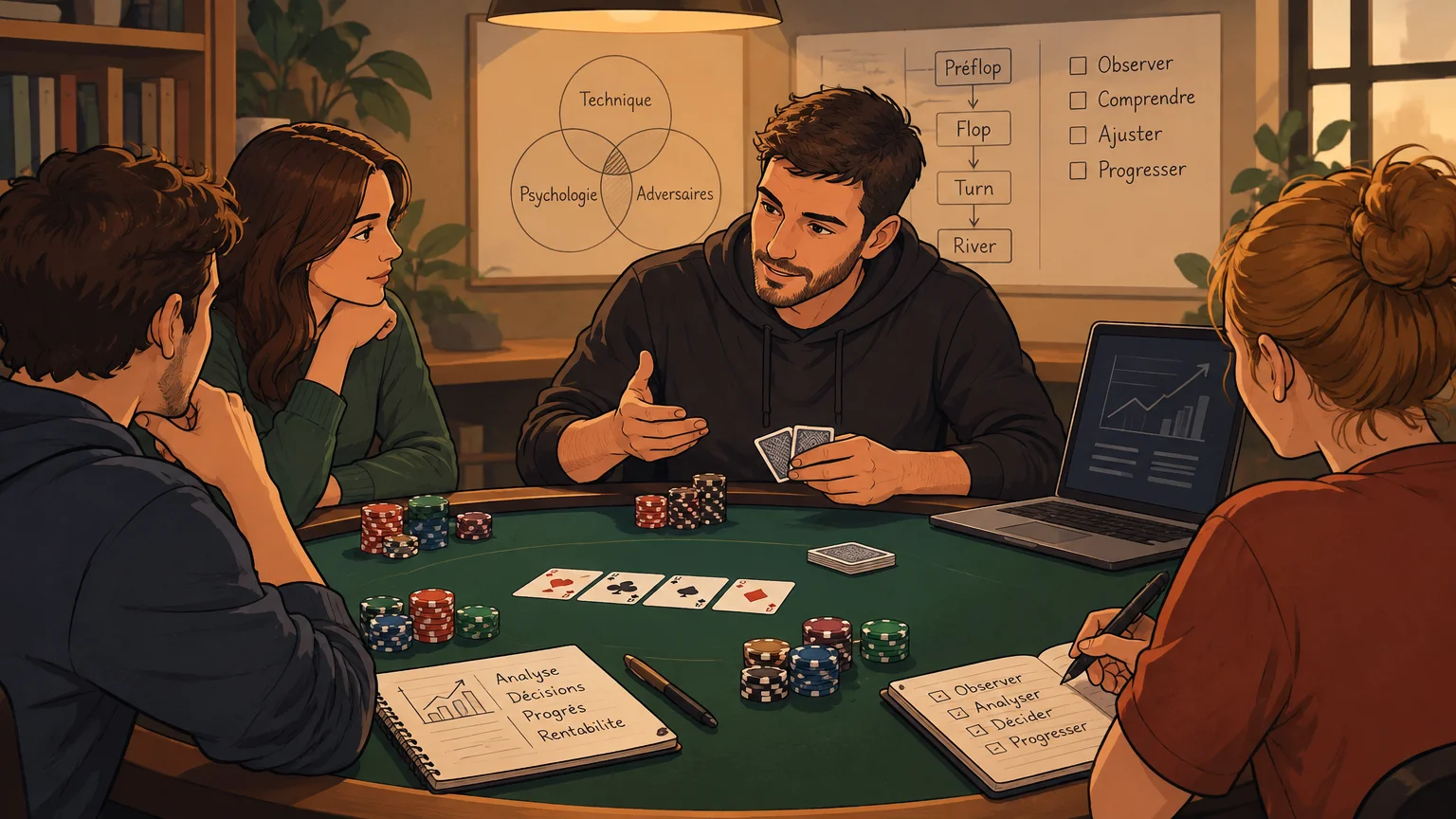 Des joueurs réunis autour d’une table de poker, pour illustrer le choix d’un accompagnement destiné à un débutant motivé.
