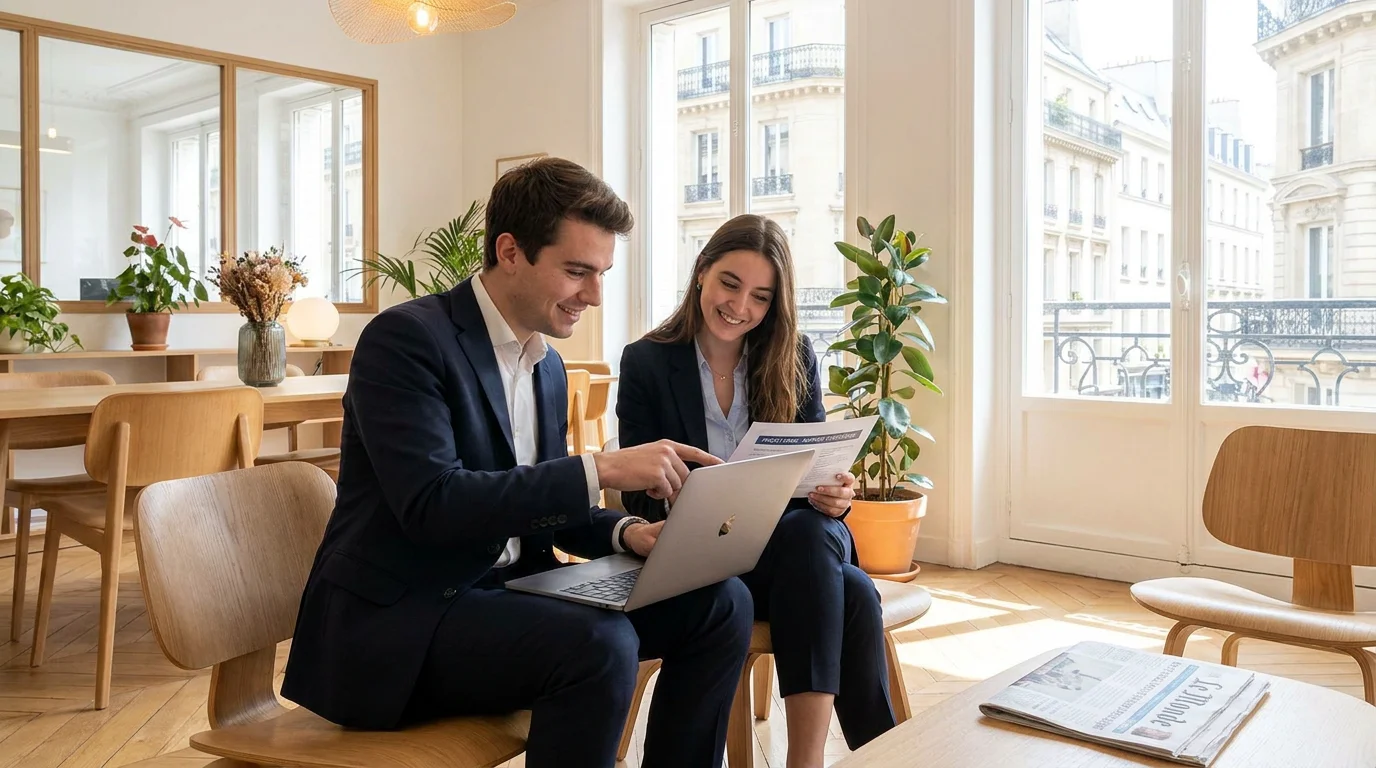 Deux jeunes professionnels collaborant sur un projet RH dans un bureau moderne