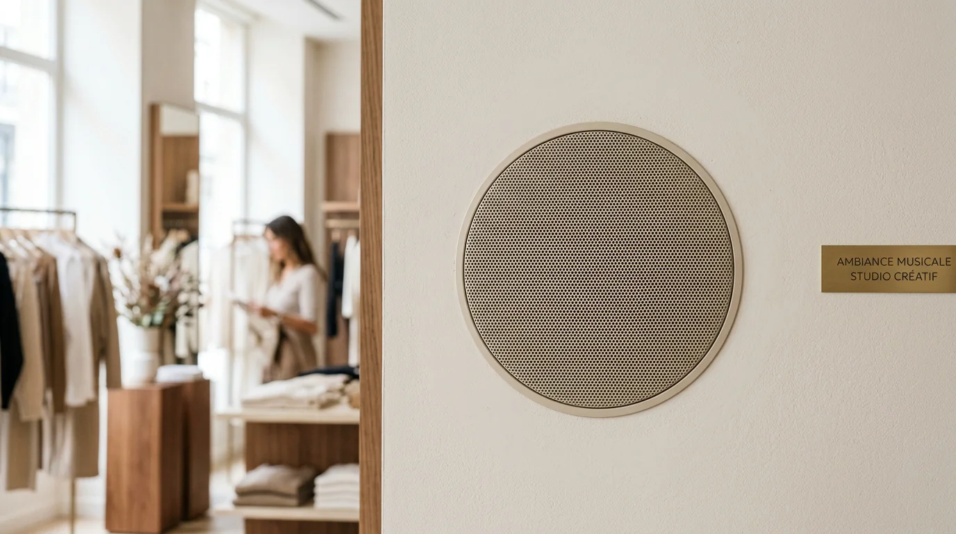 Grille d'enceinte encastrée affleurant le mur d'une boutique