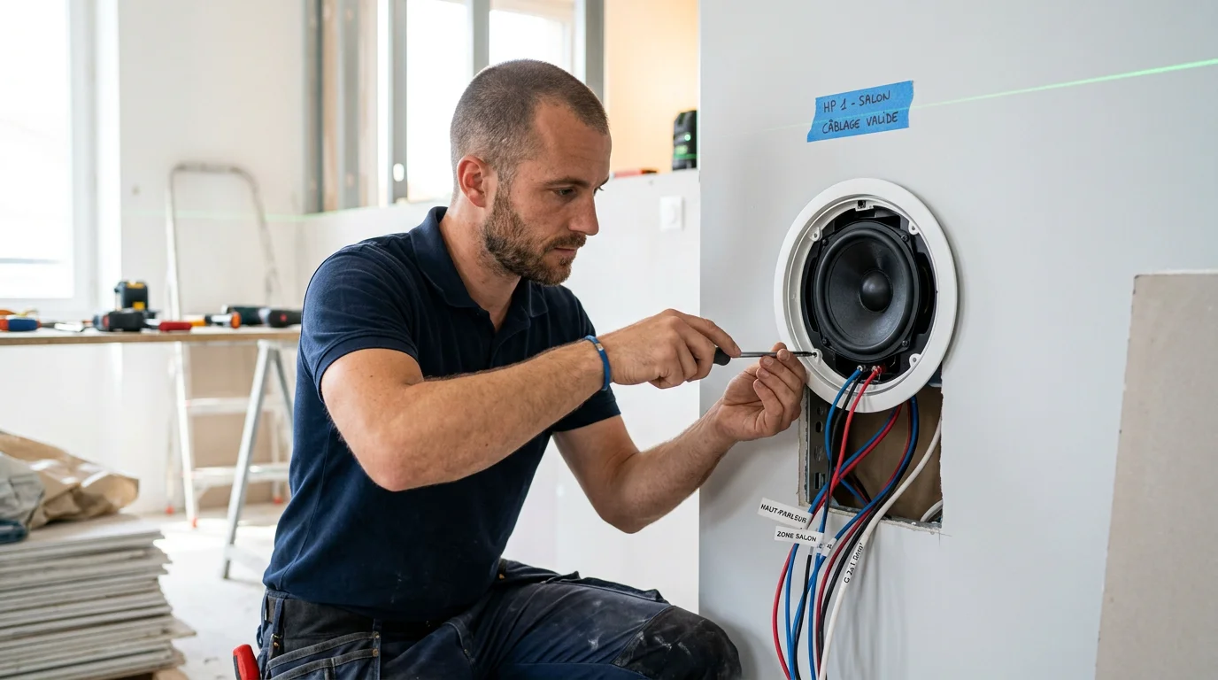 Technicien posant une enceinte encastrable dans une cloison