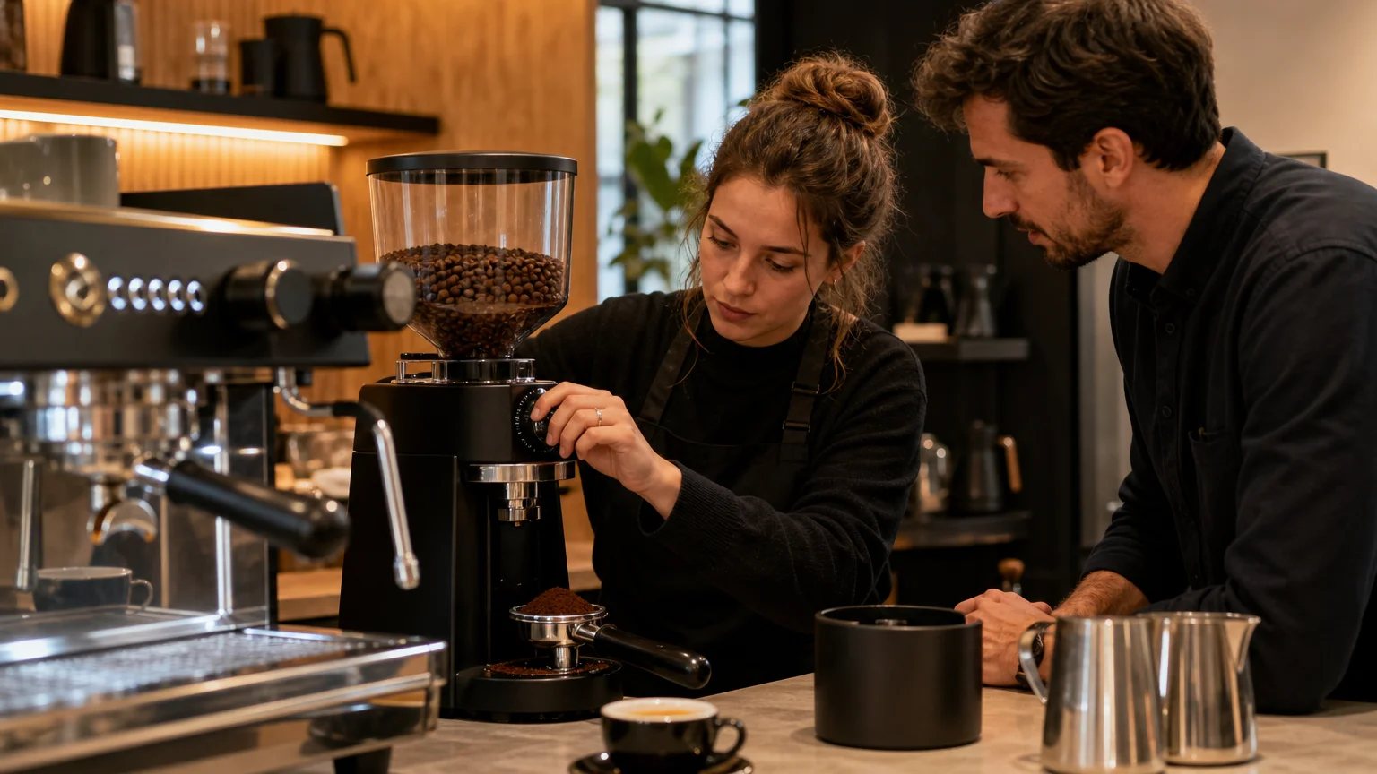 Apprenante européenne qui règle un moulin espresso pendant une formation pratique