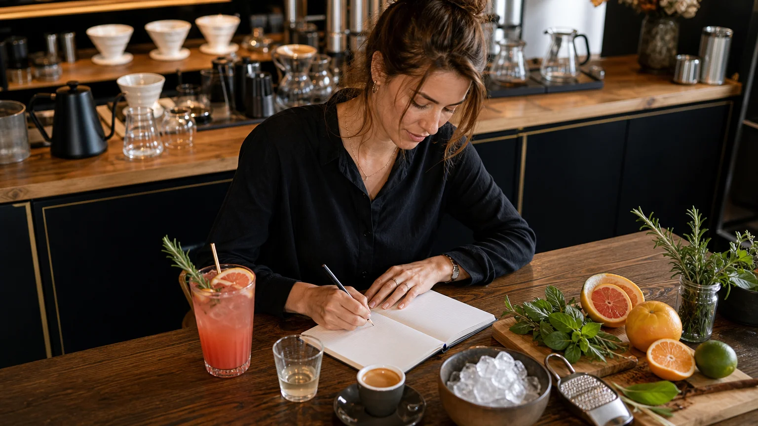 Entrepreneuse qui compose une carte de boissons avec un café et un mocktail