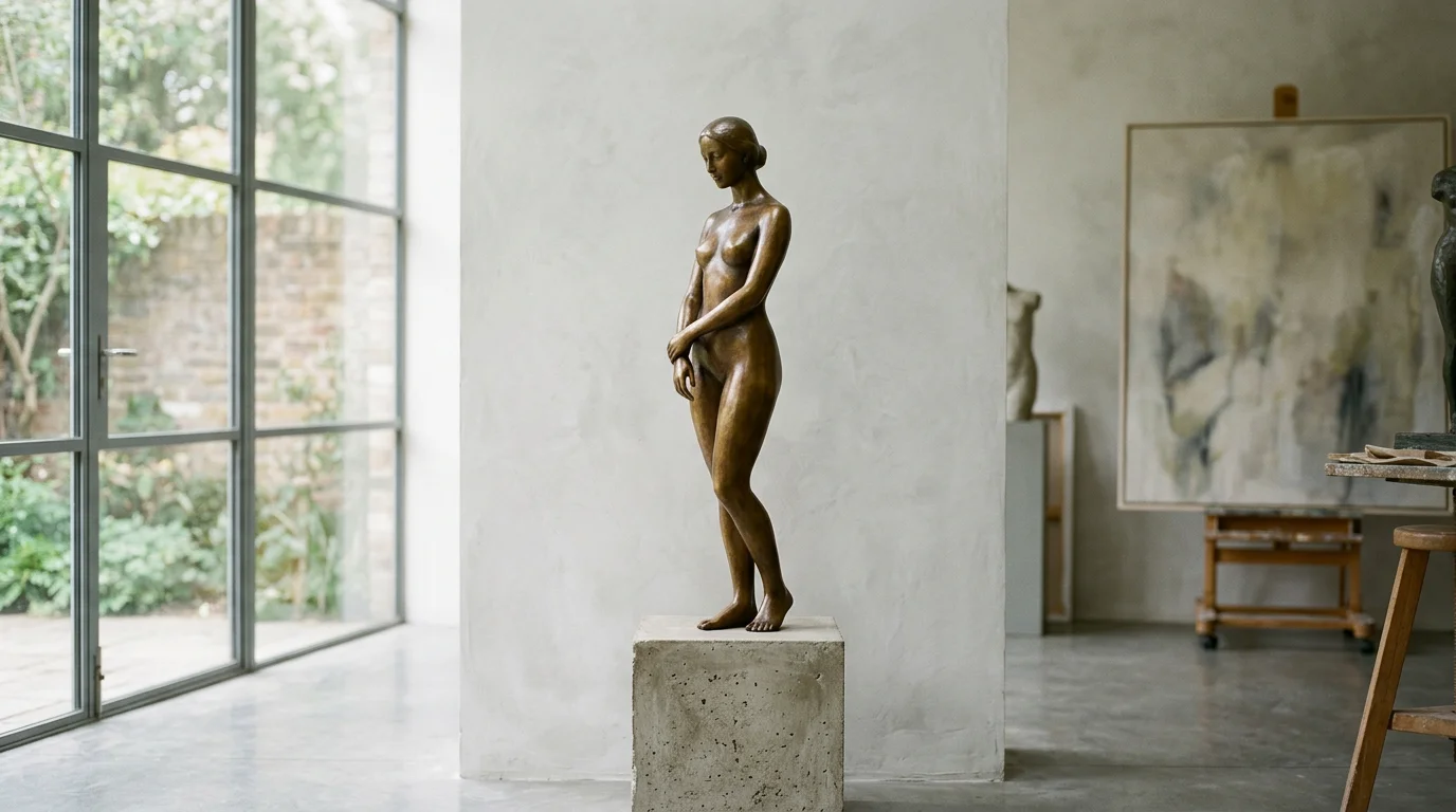 Smooth bronze figurative sculpture displayed in a bright studio