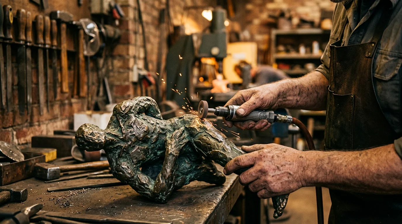Artisan hands polishing a bronze sculpture in a foundry