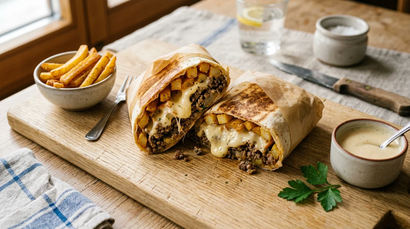 Tacos français maison coupé montrant la garniture et la sauce fromagère