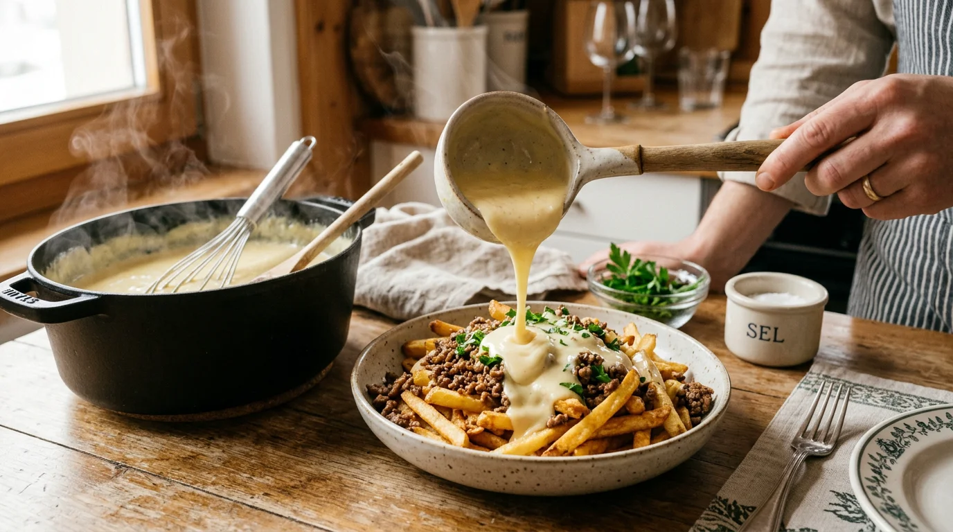 Sauce fromagère onctueuse versée sur une garniture de tacos