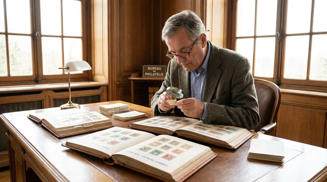 Estimation gratuite : atouts d'un expert philatéliste Timbre-Philatelie Expert philatéliste européen examinant des timbres anciens avec une loupe dans un bureau professionnel