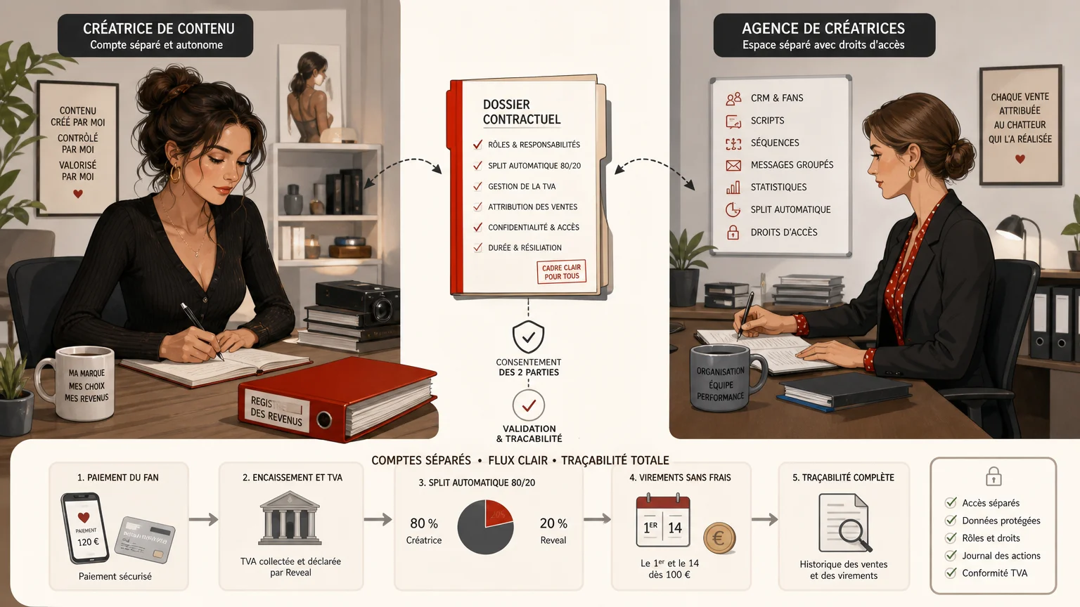 Illustration d’une relation contractuelle structurée entre une créatrice et une agence OFM