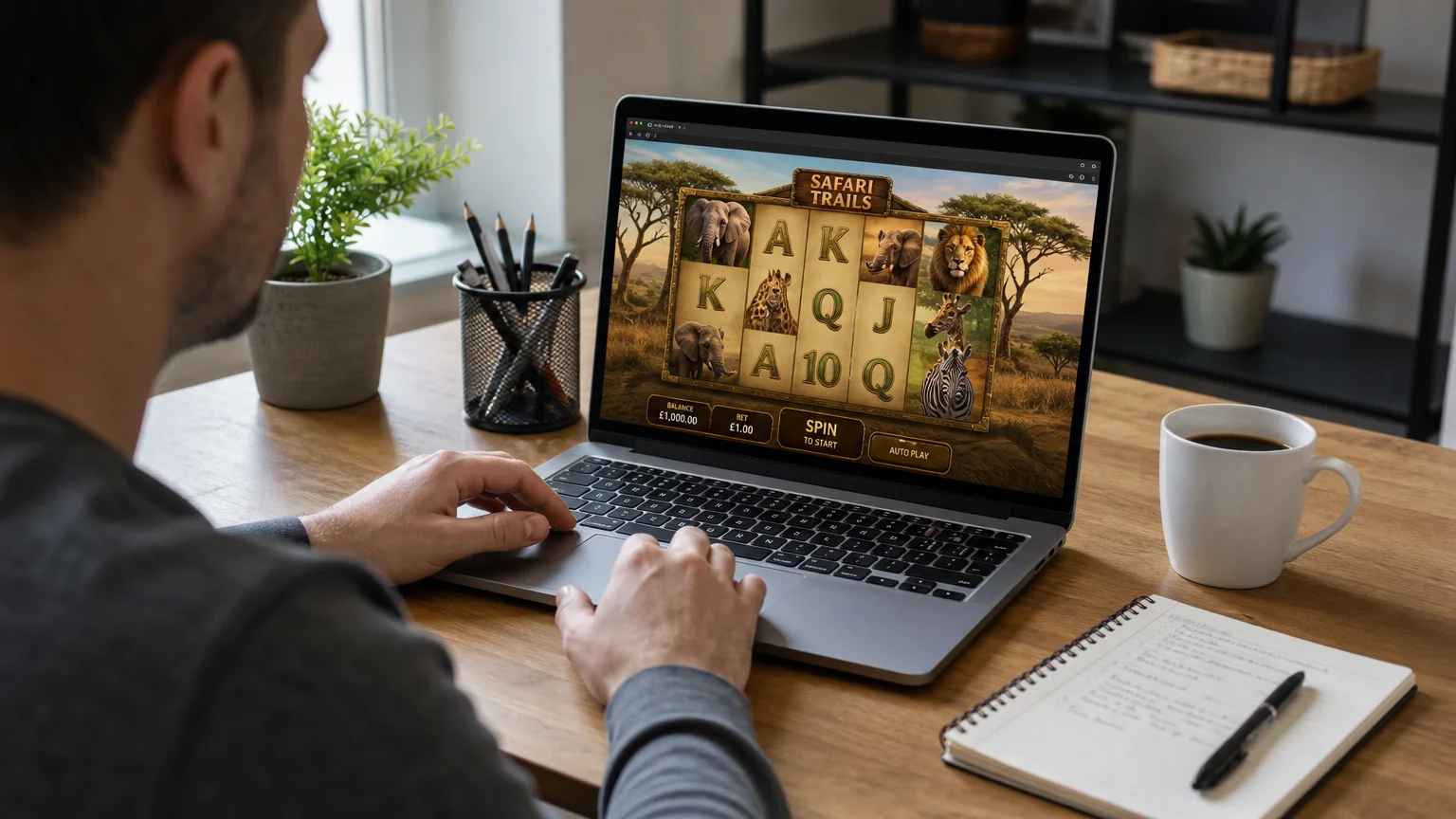 Adult player testing a safari-themed slot demo on a laptop