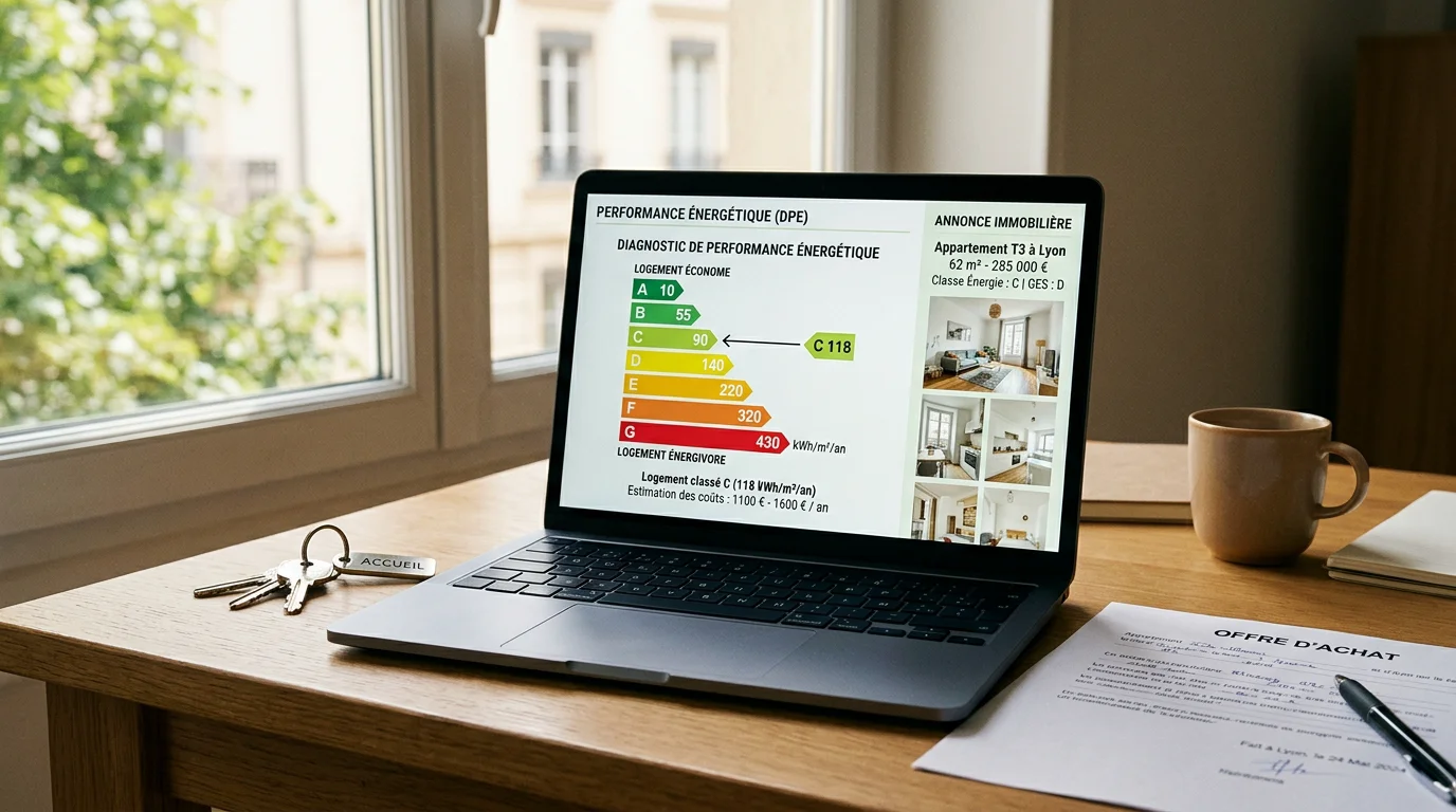 Étiquette énergétique colorée A à G affichée sur une annonce immobilière