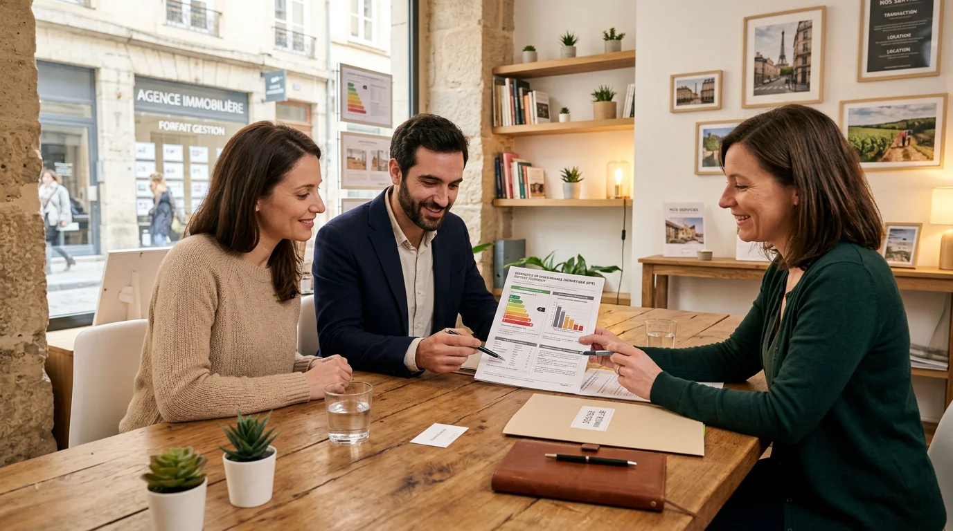 Couple consultant un rapport de diagnostic énergétique en agence immobilière