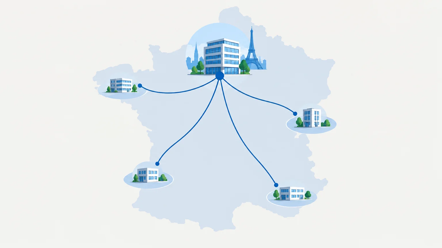 Illustration d’un réseau télécom reliant des sites d’entreprise à Paris et en France
