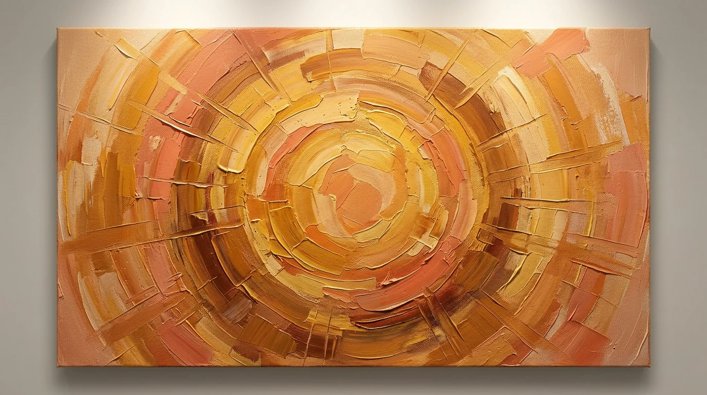Abstract sun painting in warm amber and gold radiating brushstrokes