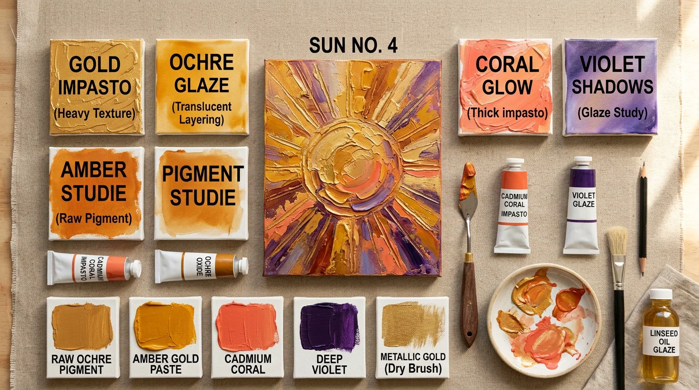 Color studies for abstract sun art in gold, amber, and violet tones