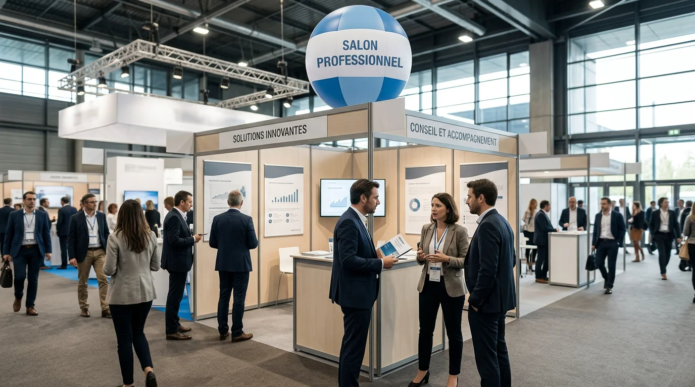Ballon publicitaire gonflable au-dessus d'un stand de salon professionnel