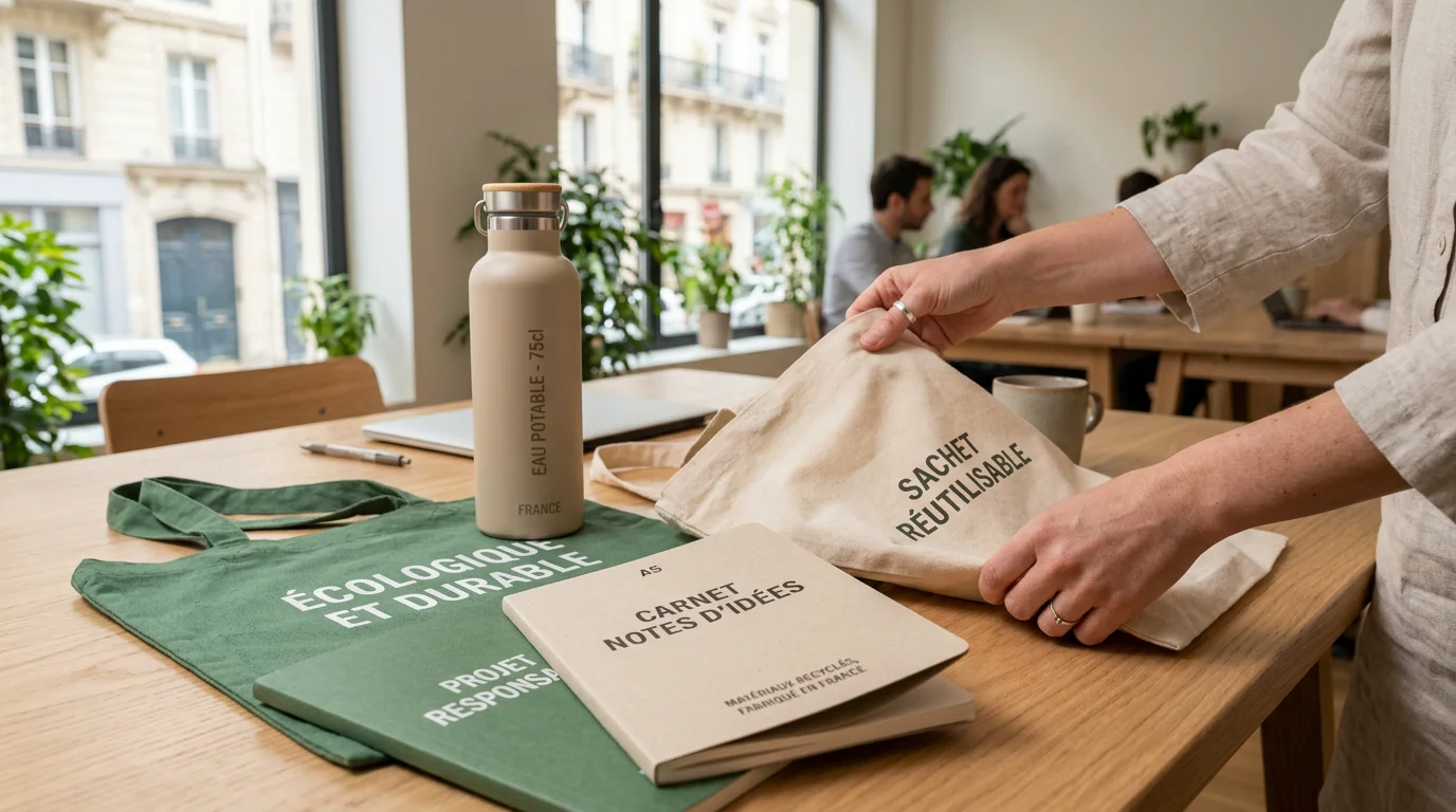 Objets publicitaires durables et éco-conçus posés sur une table de bureau