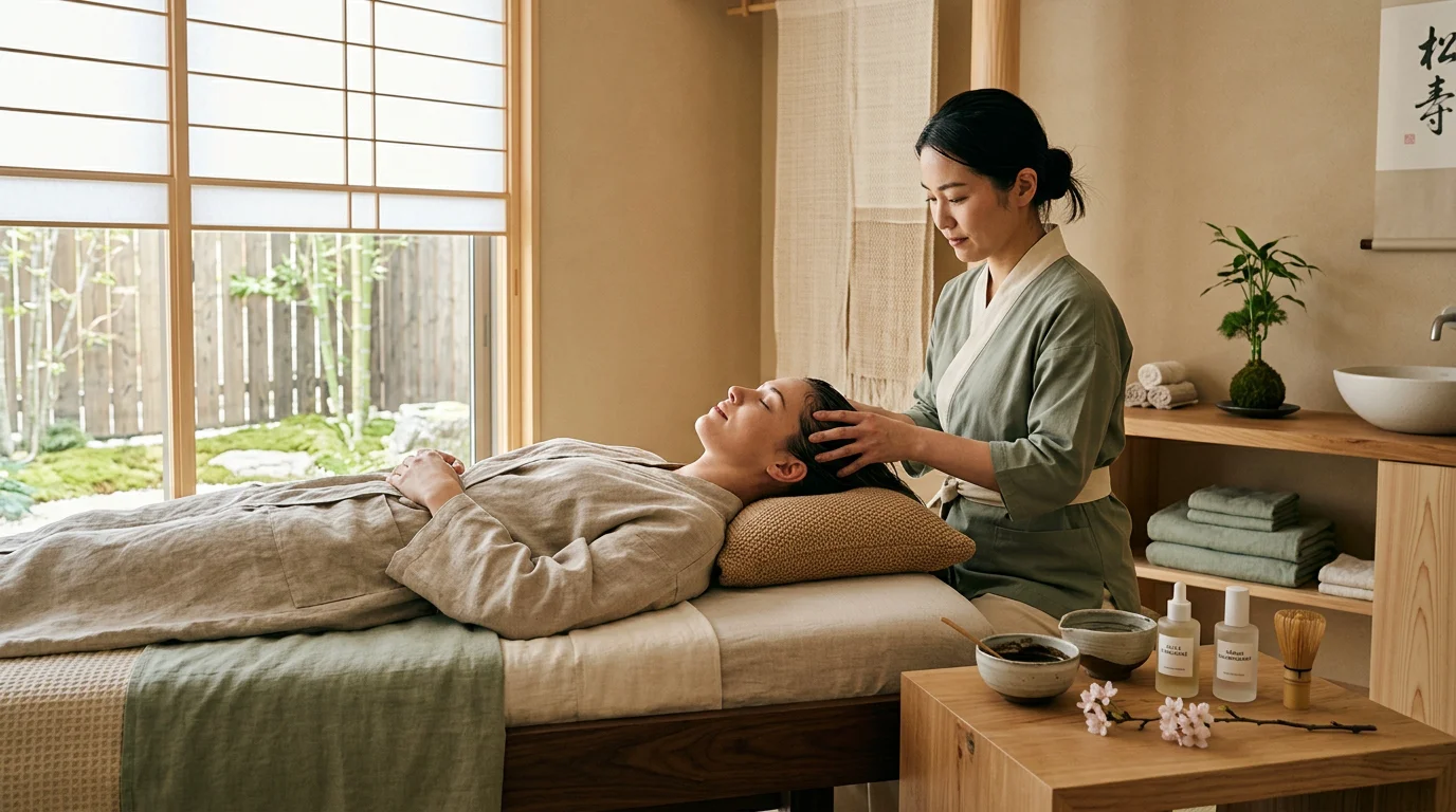 Soin head spa japonais réalisé dans un espace de bien-être épuré et lumineux