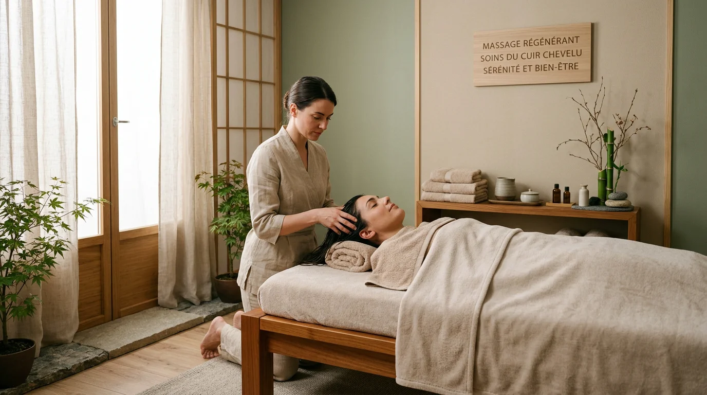 Praticienne réalisant un soin head spa sur une cliente dans un espace de bien-être épuré
