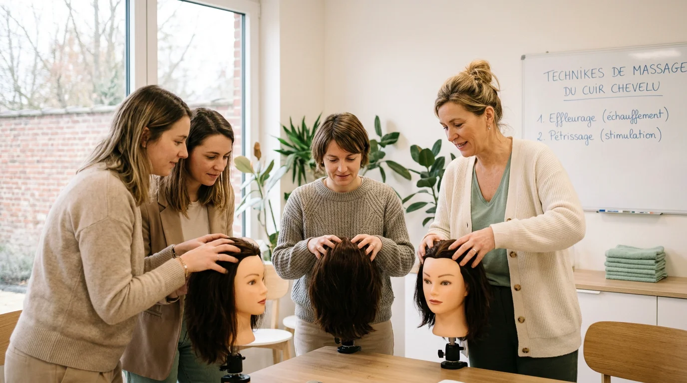 Groupe de stagiaires apprenant les gestes du head spa en petit comité avec une formatrice