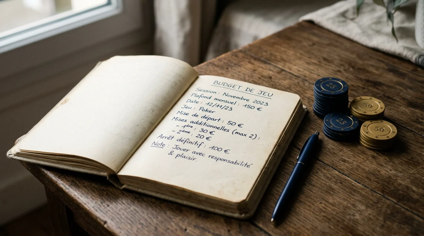 Carnet de gestion de budget de jeu avec des jetons pour illustrer la maîtrise des mises