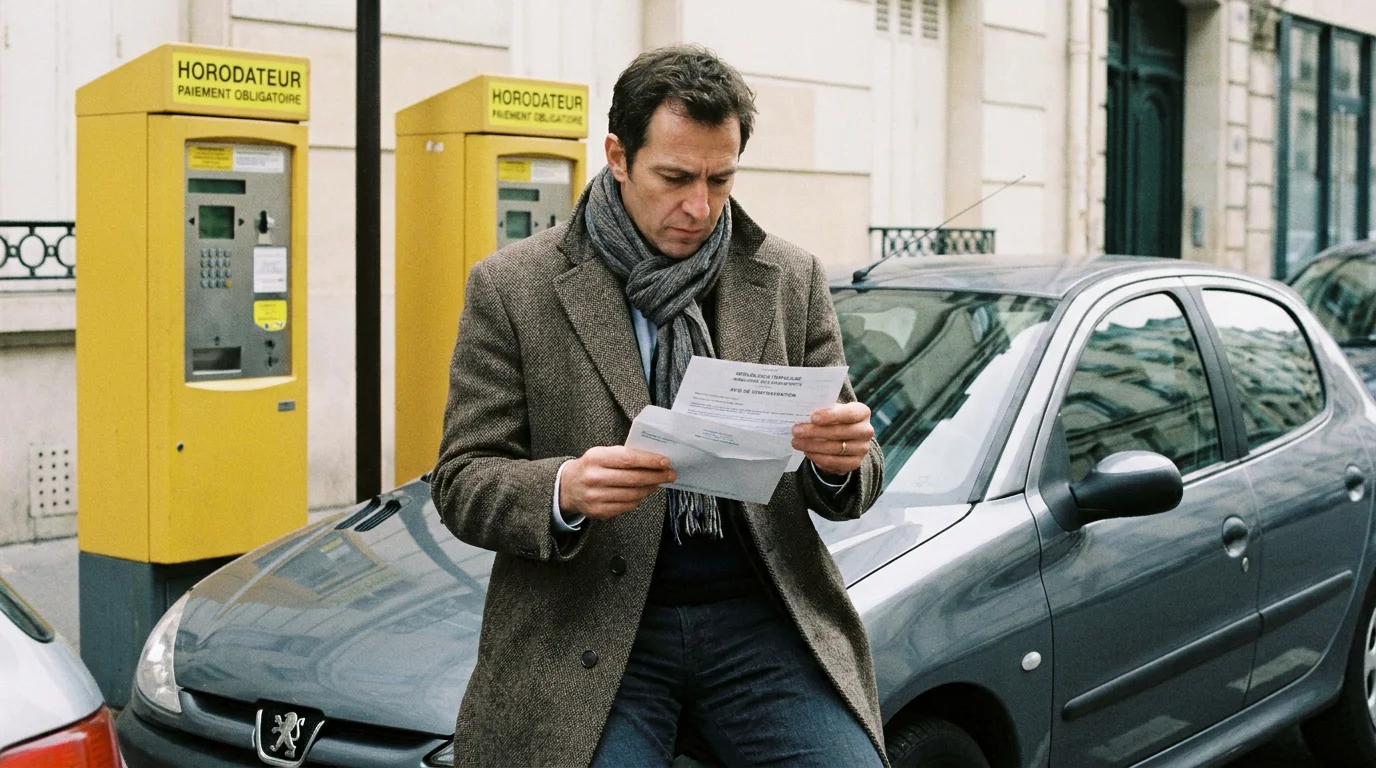 Automobiliste consultant un avis de paiement de forfait post-stationnement dans une rue française