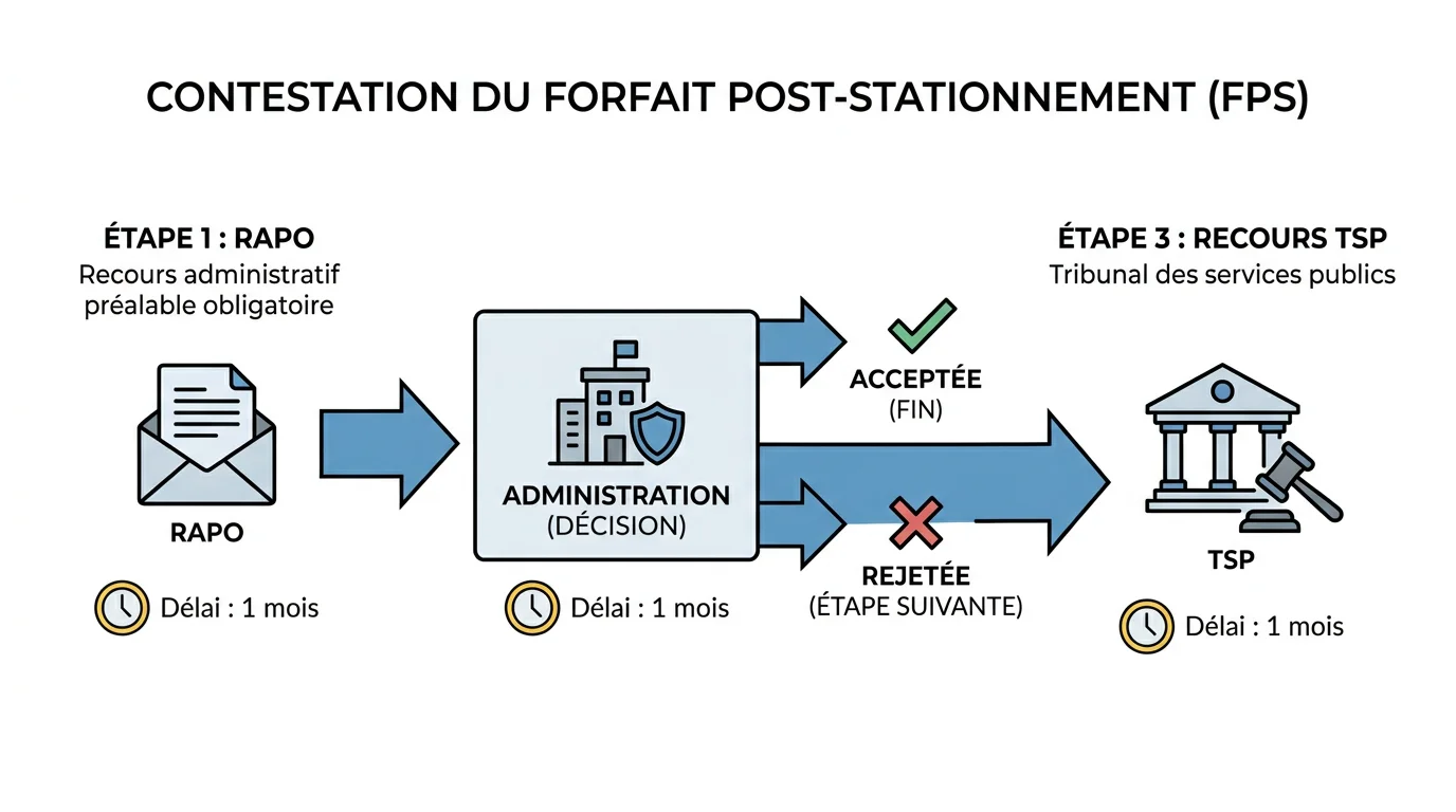 Schéma des trois étapes de contestation d'un FPS : RAPO, décision, recours TSP