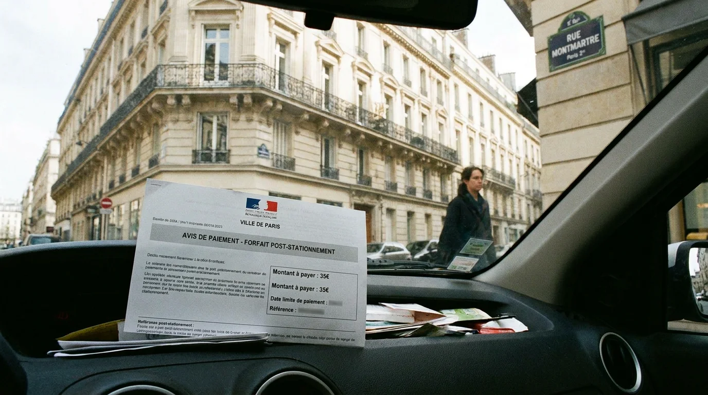 Avis de paiement de forfait post-stationnement posé sur le tableau de bord d'une voiture en France