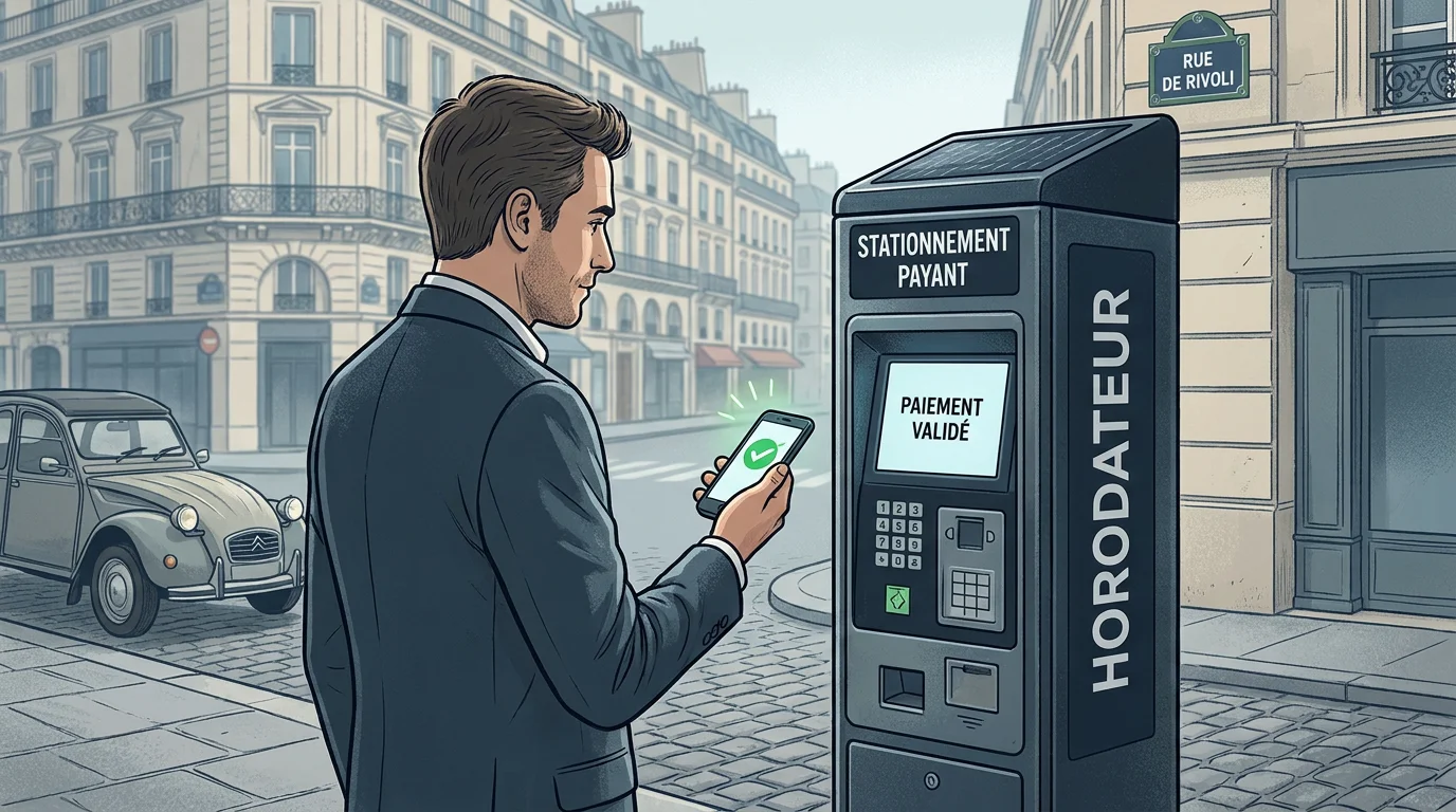 Automobiliste consultant son smartphone devant un horodateur pour contester un forfait post-stationnement