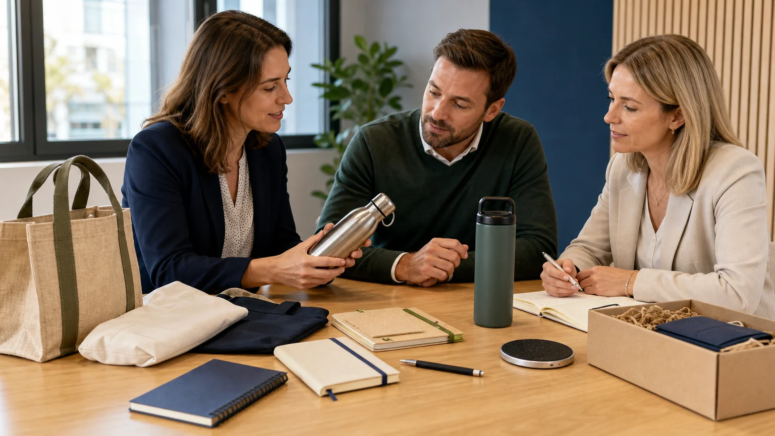 Professionnels européens sélectionnant des objets publicitaires adaptés à leur projet