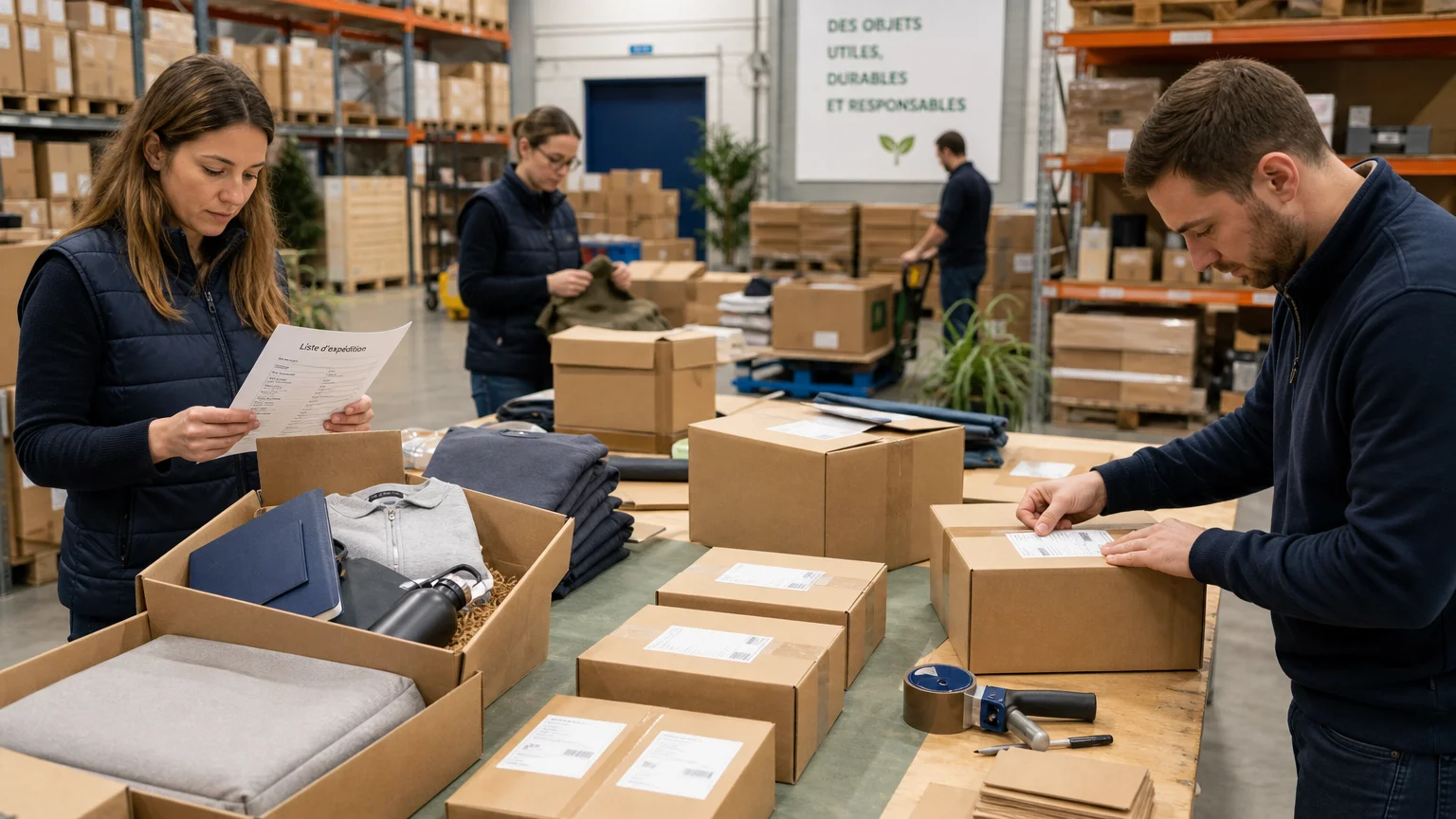 Équipe contrôlant et préparant des colis de goodies pour plusieurs adresses