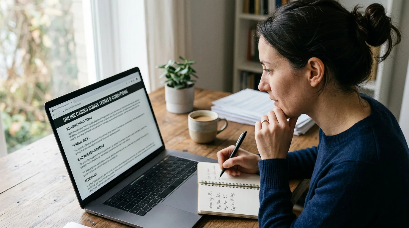 A player carefully reviewing no-deposit bonus terms on a laptop