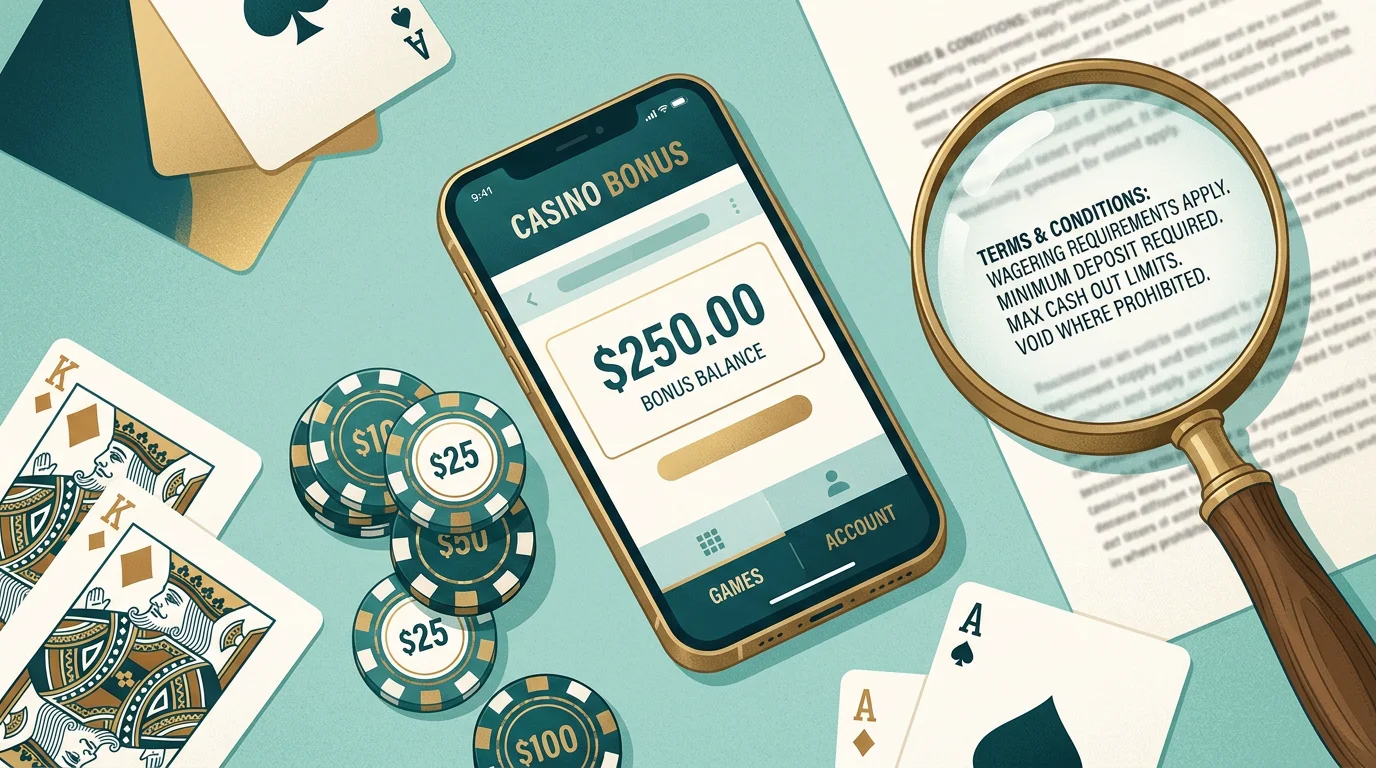 Casino chips and a magnifying glass over bonus terms representing scrutiny of a large free chip