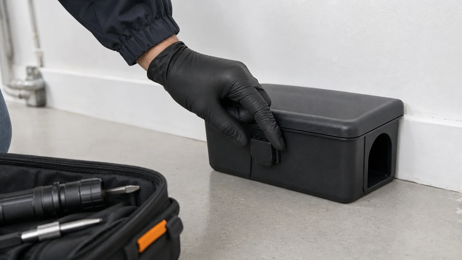 Vérification du verrou d’un poste d’appâtage fermé dans un local technique