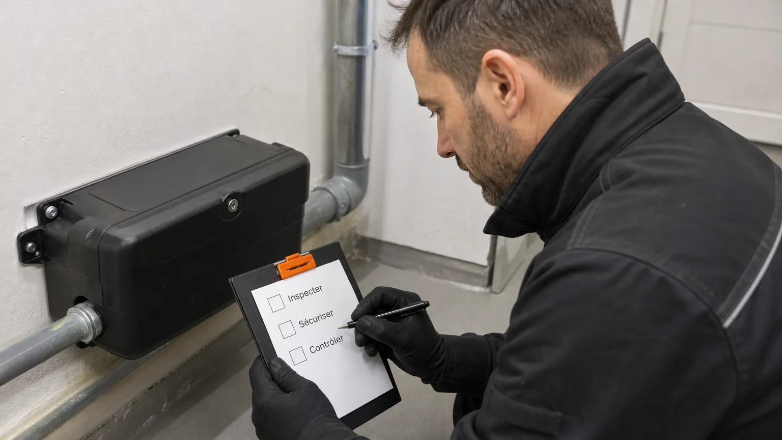 Un technicien inspecte un poste sécurisé et consigne les contrôles