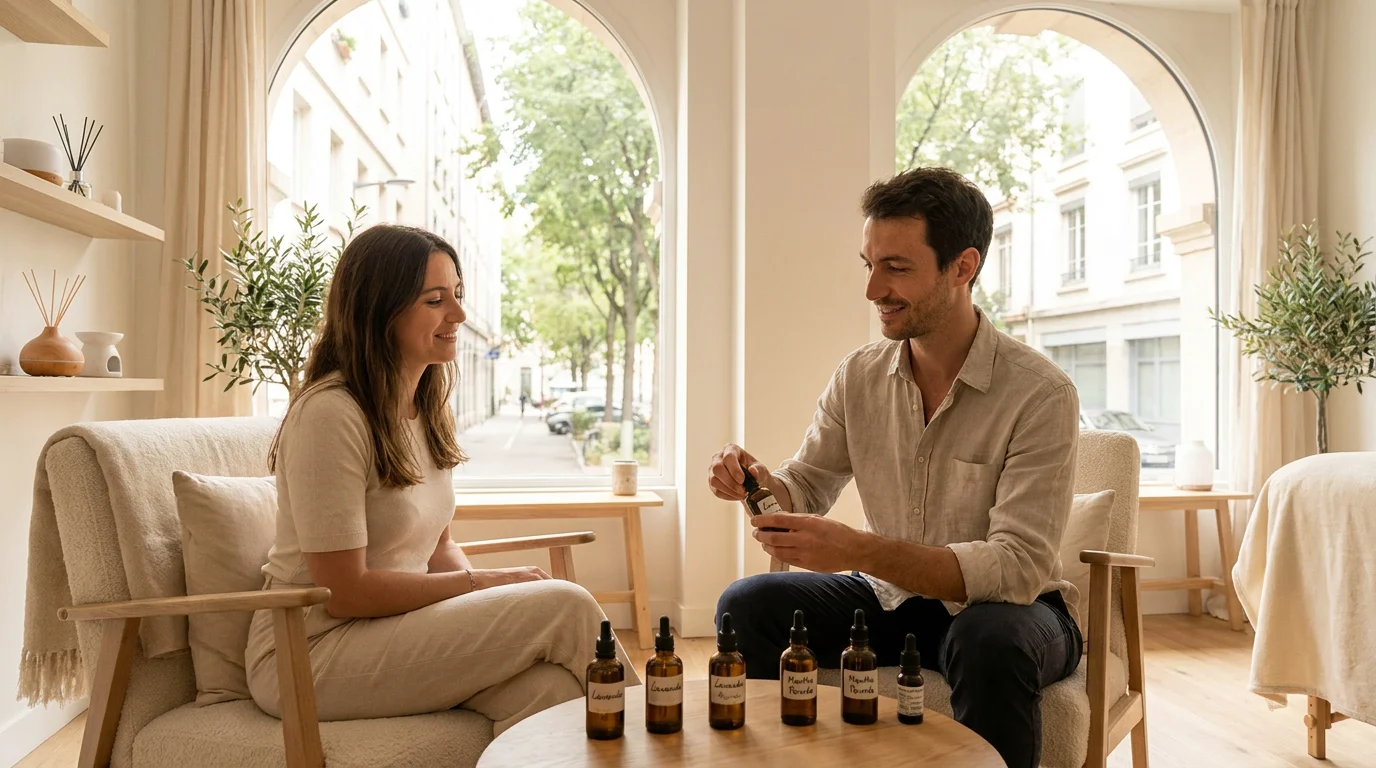 Thérapeute holistique utilisant l'ancrage olfactif en séance avec une cliente dans un cabinet en France