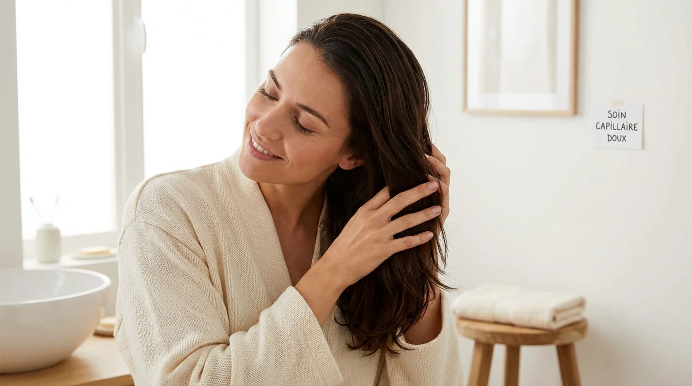 Femme massant son cuir chevelu pour stimuler la pousse des cheveux